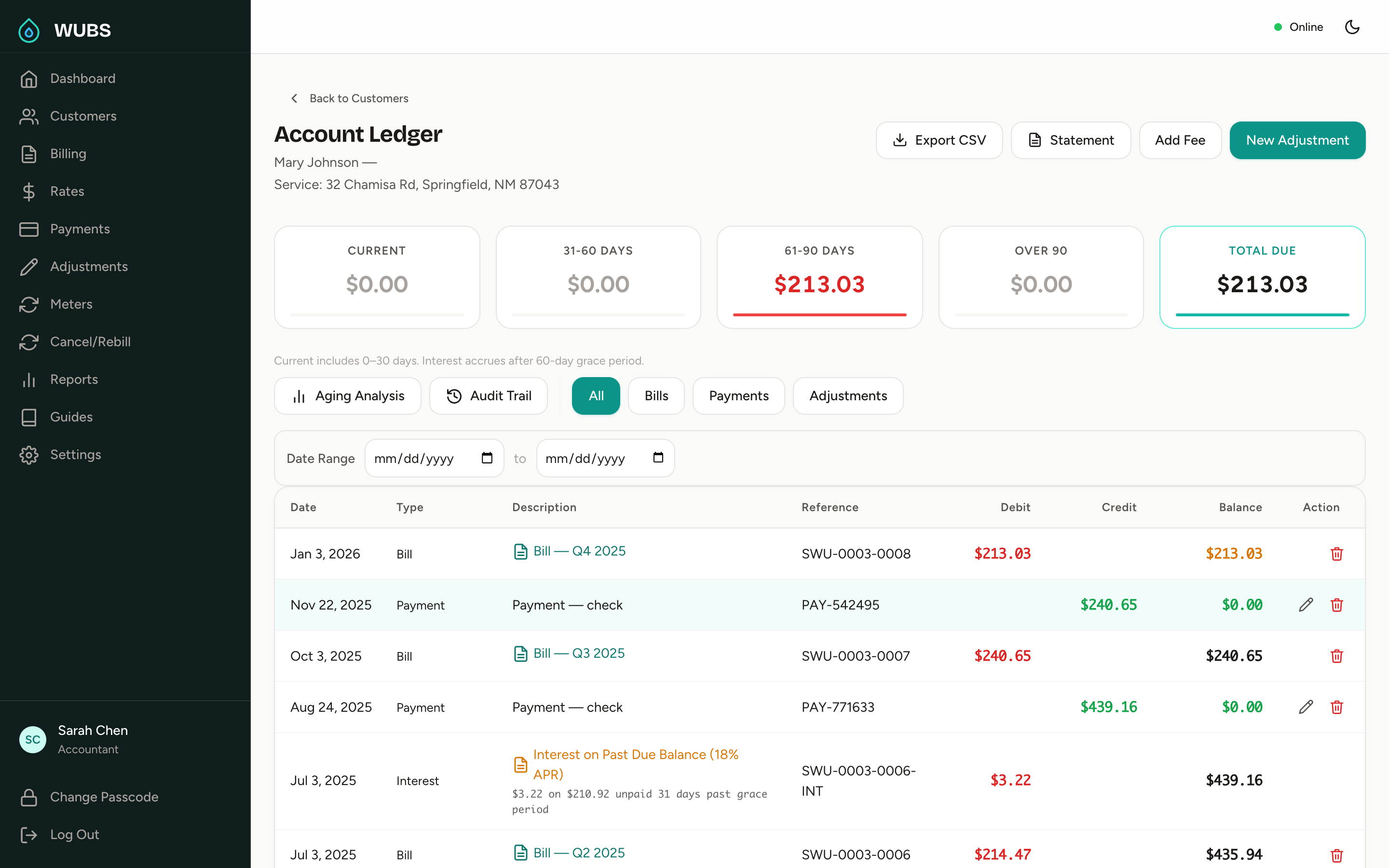 Account ledger with aging buckets, transaction history, debits, credits, and running balance