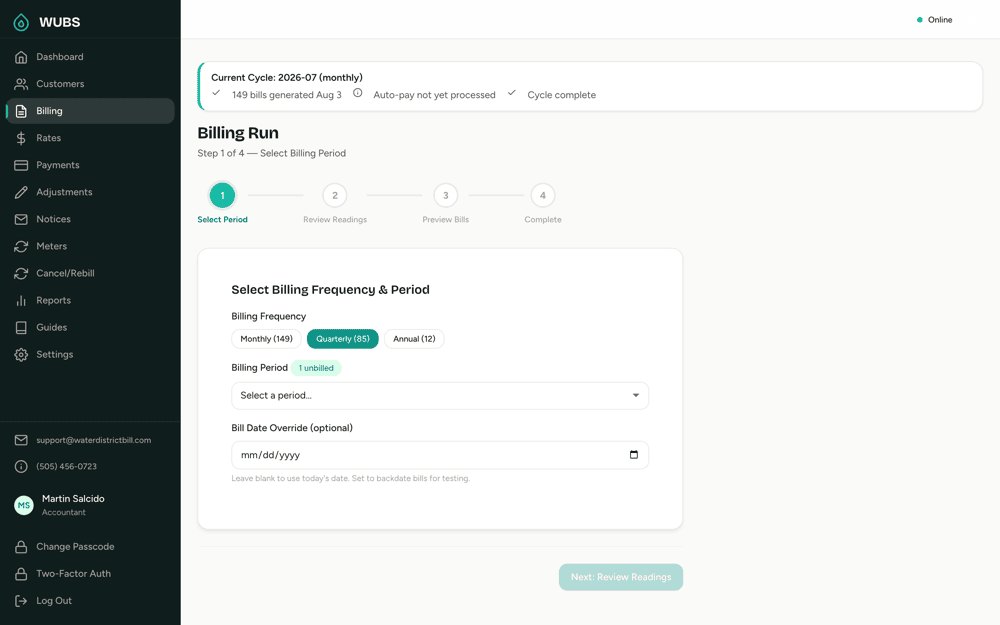 The billing run, step 1 of 4: select the billing frequency (monthly, quarterly or annual) and the period.