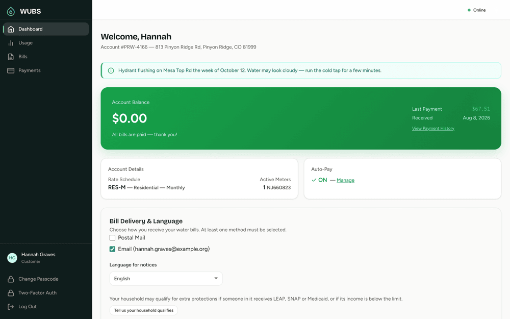 A customer’s portal dashboard: a $0.00 balance marked “All bills are paid,” the last payment, auto-pay on, a hydrant-flushing announcement, and bill delivery by email.