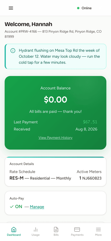 The customer portal on a phone: a $0.00 balance, the last payment, and auto-pay turned on.