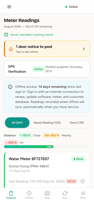 The meter reader app on a phone: August readings with 102 of 241 meters remaining, one door notice to post, and GPS verification active.