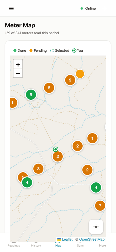 The reader app’s meter map: 139 of 241 meters read, with clusters of done and pending meters.